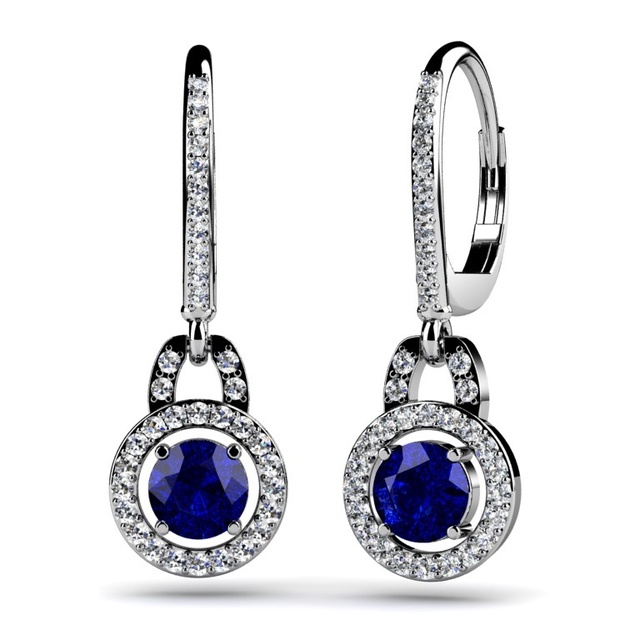 Dangle Diamond Earrings with Sapphire Center