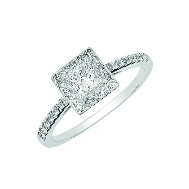 DIAMOND HALO ENGAGEMENT RING WITH PRINCESS CUT CENTER