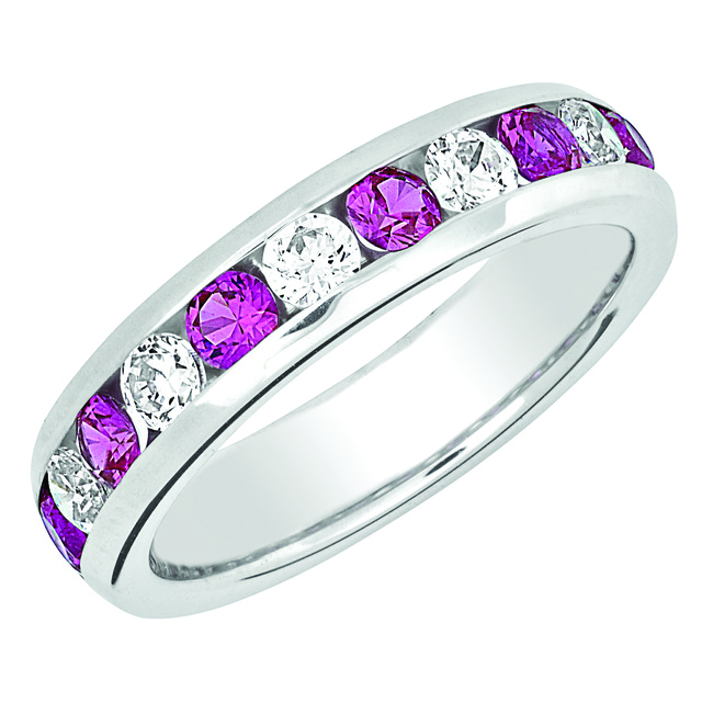 CHANNEL SET MACHINE SET ETERNITY BAND WITH RUBIES AND DIAMONDS