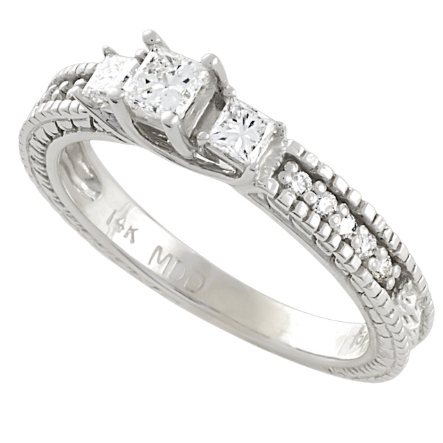 Three Stone Princess Cut Diamond Ring With Side Diamonds And Engraving With Lucida/Trellis Prongs